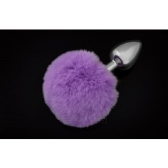 Анальная пробка Пикантные Штучки с фиолетовым пушистым хвостом, серебристая, 6 см