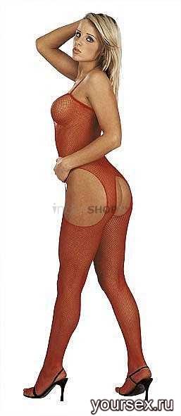 Боди Catsuit Open Bust+Crotch Fishnet Red
